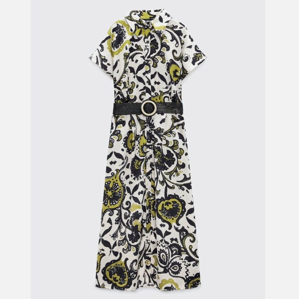 Zara Black and White Midi Dress with Green Accents